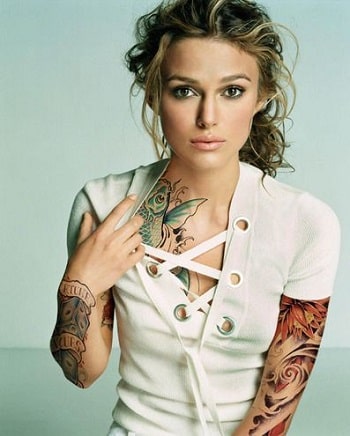 A picture of Keira Knightley with her temporary full sleeve tattoo.